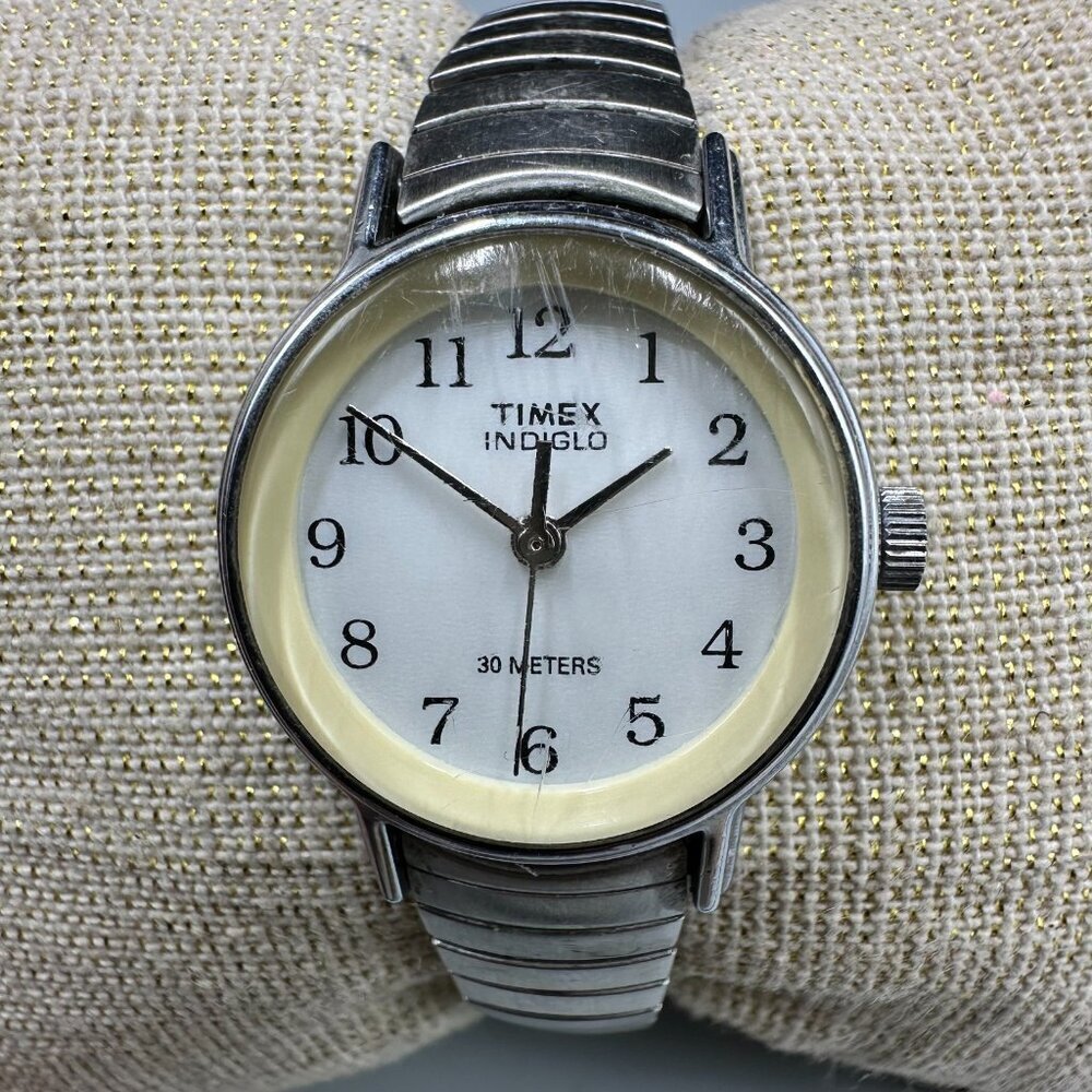 3/$30 Timex Indiglo Watch Women Silver White Dial Stretch Band 23MM Works 6"